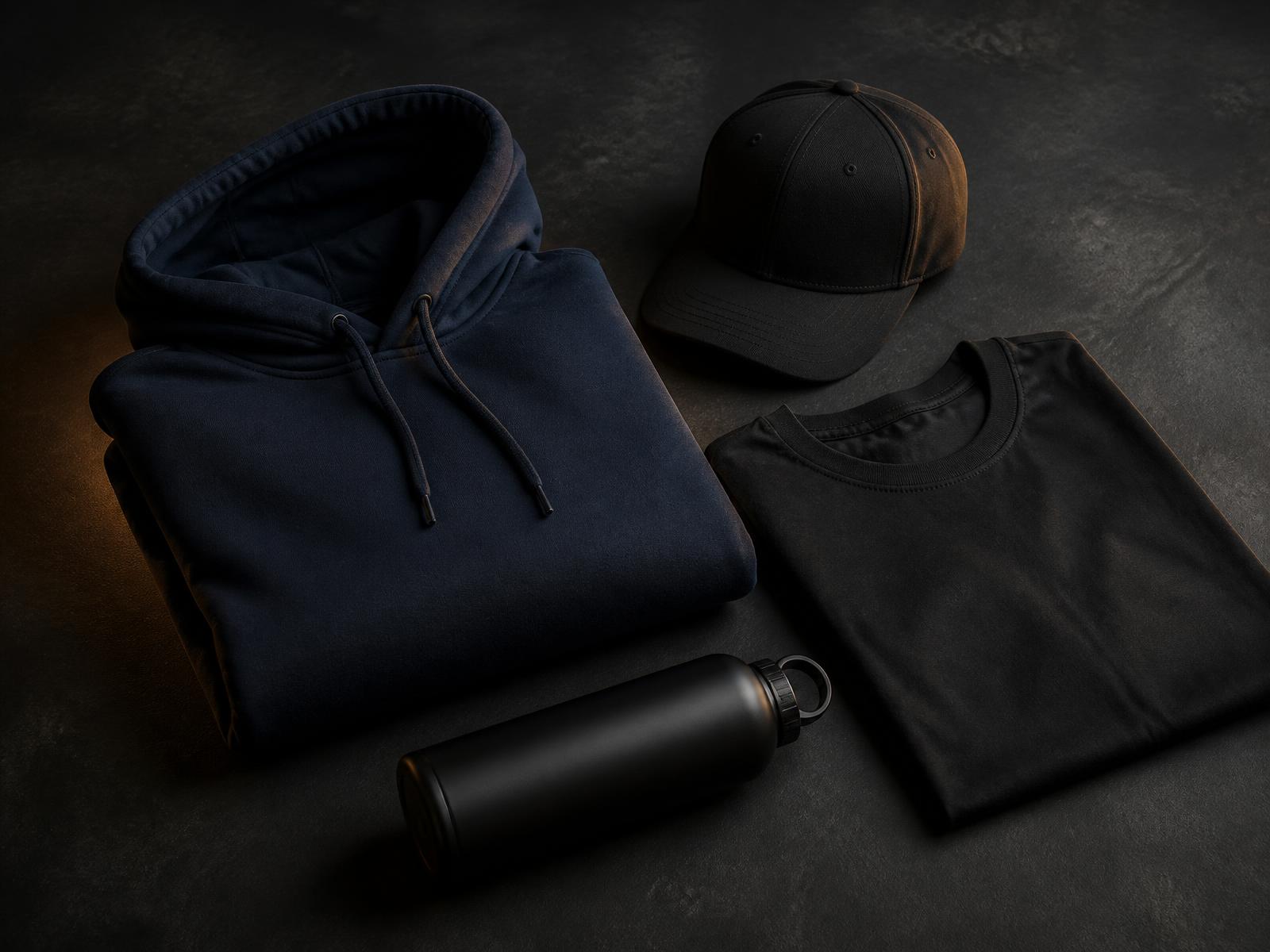 Profilprodukter: hoodie, t-shirt, keps och vattenflaska